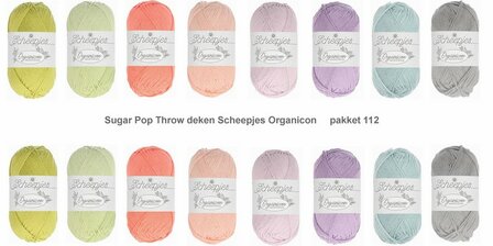 Sugar Pop Throw deken van Scheeepjes Organicon.  Breibar kleuren pakket 112 met gratis patroon