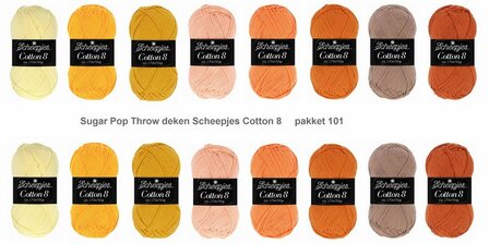 Sugar Pop Throw deken van Scheeepjes Cotton 8.  Breibar kleuren pakket 101 met gratis patroon