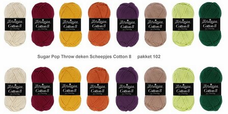 Sugar Pop Throw deken van Scheeepjes Cotton 8.  Breibar kleuren pakket 102 met gratis patroon