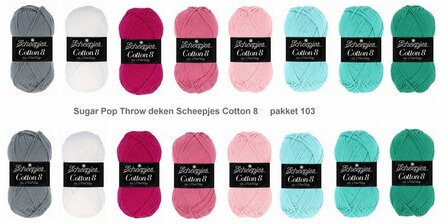 Sugar Pop Throw deken van Scheeepjes Cotton 8.  Breibar kleuren pakket 103 met gratis patroon
