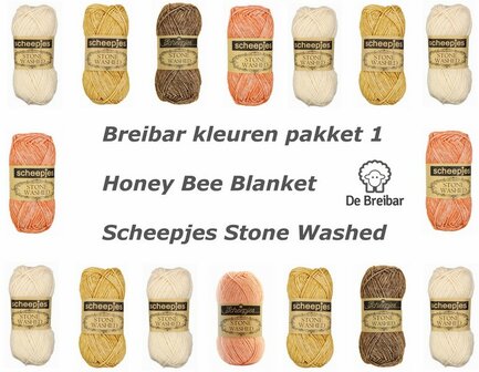 Honingbij zeshoek deken Breibar kleuren pakket 1 Scheepjes Stone Washed met gratis patroon