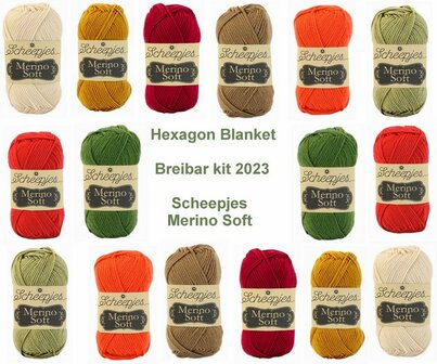 Hexagon Blanket Scheepjes Breibar kit 2023 Merino Soft inclusief patroon en label en een canvastas  met print