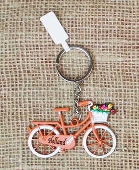  Sleutelhanger fiets Holland met mandje tulpen oranje van metaal