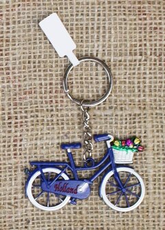  Sleutelhanger fiets Holland met mandje tulpen blauw van metaal