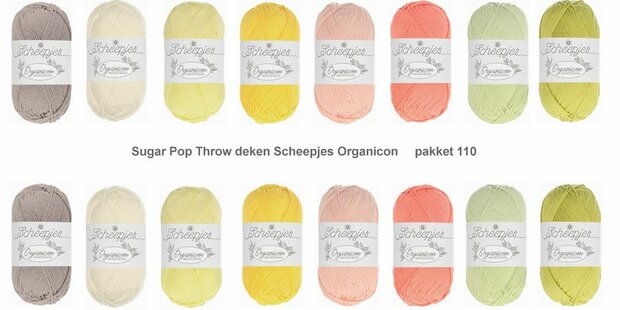 Sugar Pop Throw deken van Scheeepjes Organicon.  Breibar kleuren pakket 110 met gratis patroon