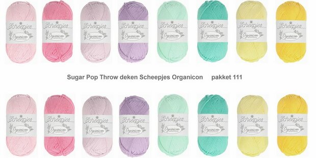 Sugar Pop Throw deken van Scheeepjes Organicon.  Breibar kleuren pakket 111 met gratis patroon