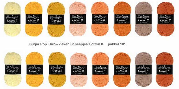 Sugar Pop Throw deken van Scheeepjes Cotton 8.  Breibar kleuren pakket 101 met gratis patroon