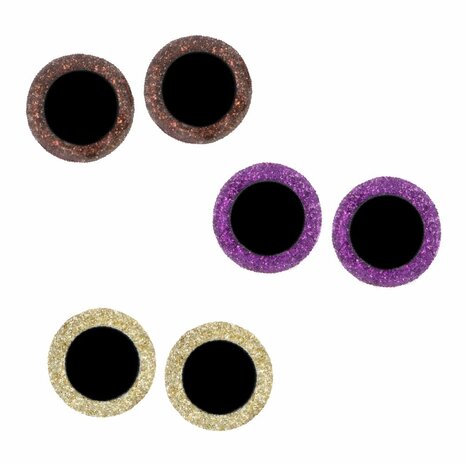 Opry Glitter ronde dierenogen tweekleurig 8-18mm assortiment in de kleuren paars, goud en goudbruin.