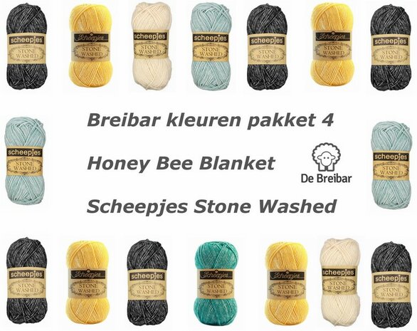 Honingbij zeshoek deken Breibar kleuren pakket 4 Scheepjes Stone Washed met gratis patroon