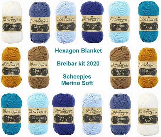 Hexagon Blanket Scheepjes Breibar kit 2020 Merino Soft. inclusief patroon en label en een canvastas  met print